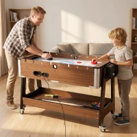 SPORTNOW Mesa Multijuegos 3 en 1 con Ruedas con Freno Estante de Almacenaje Futbolines para Niños Billar Air Hockey Nogal(m-10)