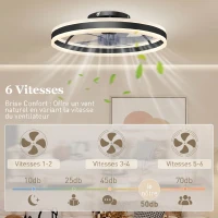 HOMCOM Ventilatore da Soffitto con Luce LED, 6 Velocità, Motore Reversibile e Telecomando, Potenza 45W, Ø50x13,5 cm, Nero(m-5)