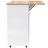 Grande ilha de cozinha com tampo extensível dobrável, 5 rodízios (2 com travão) , 129x46/71x91,5 cm, Branco+Cor natural(m-9)