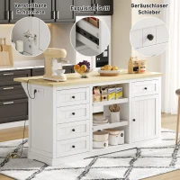 Ilha de cozinha com tampo extensível dobrável, 5 gavetas e 2 prateleiras extraíveis, 150x45/65x75,5 cm, Branco(m-5)