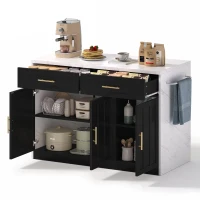 Ilha de cozinha com balcão de bar, com 2 gavetas e 3 portas, puxadores metálicos, suporte para toalhas, 120x60x91 cm, Preto(m-8)