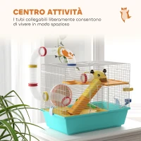PawHut Gabbia per Criceti con Ruota, Casetta, Ciotola, Rampe e Serbatoio, in Acciaio, PS e PP, 45x28x37 cm, Bianco e Azzurro(m-4)