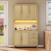 Móvel de cozinha com acabamento em rattan trançado e puxadores metálicos dourados, luzes LED decorativas, 100x40x183 cm, Cor natural(m-4)