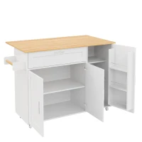 Mesa de cozinha móvel com tampo de trabalho dobrável, gaveta, prateleira para especiarias, suporte para toalhas, 132,5x44/70x90 cm, Branco+Cor natural(m-8)