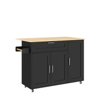 Mesa de cozinha móvel com tampo de trabalho dobrável, gaveta, prateleira para especiarias, suporte para toalhas, 132,5x44/70x90 cm, Preto+Cor natural(m-9)