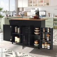 Grande ilha de cozinha com tampo extensível dobrável, 5 rodízios (2 com travão) , 129x46/71x91,5 cm, Preto+Cor natural(m-2)