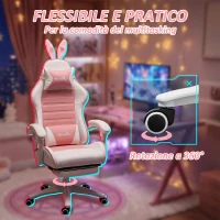 Vinsetto Sedia Gaming Ergonomica con Orecchie, Poggiapiedi Estraibile, Cuscino Lombare e Poggiatesta, Rosa(m-7)