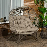 Outsunny 2 Seater Egg Chair Outdoor, Folding Weave Garden Furniture Chair with Cushion, Cup Pockets - Khaki(m-10)