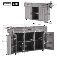Grande ilha de cozinha com 3 gavetas, portas de arrumação, prateleiras ajustáveis e suporte para toalhas, 139x46/71x91,5 cm, Cinzento(m-3)