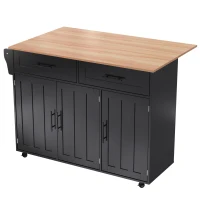 Grande ilha de cozinha com tampo extensível dobrável, 5 rodízios (2 com travão) , 129x46/71x91,5 cm, Preto+Cor natural(m-8)