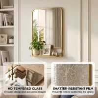 HOMCOM Modern Rectangular Wall Mirror with Storage Shelf, 70 x 50 cm, Gold Tone(m-4)