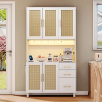 Móvel de cozinha com acabamento em rattan trançado e puxadores metálicos dourados, luzes LED decorativas, 100x40x183 cm, Branco(m-4)