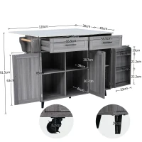 Grande ilha de cozinha com tampo extensível dobrável, 5 rodízios (2 com travão) , 129x46/71x91,5 cm, Cinzento(m-3)