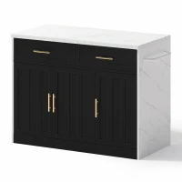 Ilha de cozinha com balcão de bar, com 2 gavetas e 3 portas, puxadores metálicos, suporte para toalhas, 120x60x91 cm, Preto(m-9)