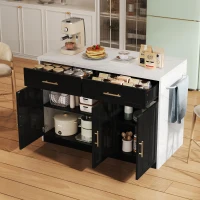 Ilha de cozinha com balcão de bar, com 2 gavetas e 3 portas, puxadores metálicos, suporte para toalhas, 120x60x91 cm, Preto(m-5)