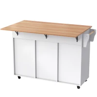 Grande ilha de cozinha com tampo extensível dobrável, 5 rodízios (2 com travão) , 129x46/71x91,5 cm, Branco+Cor natural(m-11)