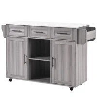 Grande ilha de cozinha com 3 gavetas, portas de arrumação, prateleiras ajustáveis e suporte para toalhas, 139x46/71x91,5 cm, Cinzento(m-11)