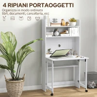 HOMCOM Scrivania Pieghevole con Libreria a 4 Ripiani, 2 Ruote e Foro Passacavi, 80x69x155 cm, Bianco(m-5)