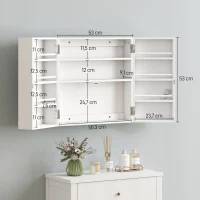 HOMCOM Armadietto Medicinali con 3 Mensole Interne e 8 Portabottiglie, in Legno e Metallo, 53x20x53 cm, Bianco(m-3)