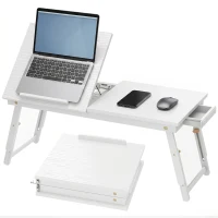 HOMCOM Masă de pat pliabilă și reglabilă, blat pentru laptop din bambus cu înclinare 83,5x33x34cm alb(m-8)
