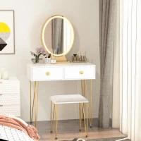 HOMCOM Schminktisch Set Frisierkommode Kosmetiktisch mit einstellbarer LED-Beleuchtung Spiegel gepolsterten Hocker 2 Schubladen und 1 Lippenstiftraster MDF Stahl Schaumstoff Weiß 80 x 40 x 136 cm(m-10)