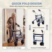 HOMCOM Déambulateur 4 roues pliable, rollator en acier inoxydable, siège rembourré en PU, poignée réglable, bleu(m-8)
