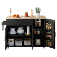 Mesa de cozinha móvel com tampo de trabalho dobrável, gaveta, prateleira para especiarias, suporte para toalhas, 132,5x44/70x90 cm, Preto+Cor natural(m-6)