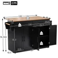 Carrinho de serviço com tampo de mesa dobrável, 2 gavetas e portas duplas, 136x46/71x91,5 cm, Preto+Cor natural(m-3)