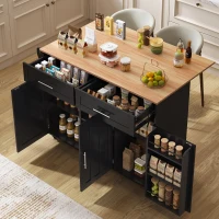 Grande ilha de cozinha com tampo extensível dobrável, 5 rodízios (2 com travão) , 129x46/71x91,5 cm, Preto+Cor natural(m-5)