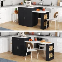 Ilha de cozinha com mesa de jantar extensível, armário de arrumação, 2 gavetas, 2 prateleiras laterais abertas, 211x55x89,5 cm, Preto(m-7)