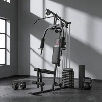HOMCOM Station de musculation fitness avec 9 blocs de poids de 5 kg, 45kg au total, entraînement complet - 200 x 135 x 103 cm(m-2)