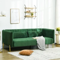 HOMCOM Sofa 3-Sitzer-Sofa Couch, inkl. 2 Kissen, Samtoptik, Retro-Design, abnehmbarer Bezug, 195 cm x 88 cm x 76 cm Grün(m-10)