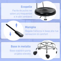 HOMCOM Sgabello Regolabile Girevole a 360° con Schienale, Ruote e Poggiapiedi, in Acciaio, Finta pelle e Schiuma, Nero(m-6)