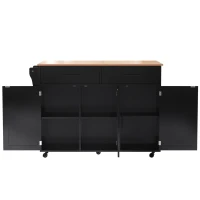 Ilha de cozinha com 5 rodízios, tampo dobrável extensível, 129x46/71x91,5 cm, Preto+Cor natural(m-7)