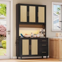 Móvel de cozinha com acabamento em rattan trançado e puxadores metálicos dourados, luzes LED decorativas, 100x40x183 cm, Preto(m-5)