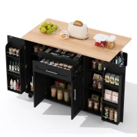 Ilha de cozinha móvel com gaveta oculta para talheres, prateleiras reguláveis, prateleira para especiarias e suporte para toalhas, 136x45/70x92 cm, Preto+Cor natural(m-7)