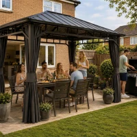 Outsunny 3 x 4m Hardtop Gazebo with Galvanised Steel Roof and Water Gutter, Waterproof Permanent Pavilion Garden Gazebo with Netting and Curtains for Patio, Deck(m-2)
