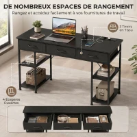 HOMCOM Bureau avec rangement avec prises de courant, 3 tiroirs en tissu et 4 étagères de rangement, 120 x 40 x 76 cm, noir(m-4)