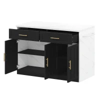 Ilha de cozinha com balcão de bar, com 2 gavetas e 3 portas, puxadores metálicos, suporte para toalhas, 120x60x91 cm, Preto(m-1)