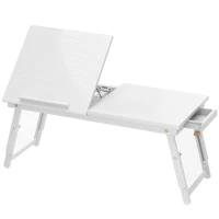 HOMCOM Masă de pat pliabilă și reglabilă, blat pentru laptop din bambus cu înclinare 83,5x33x34cm alb(m-1)