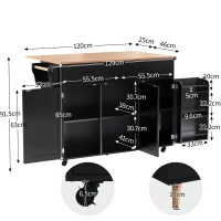 Grande ilha de cozinha com tampo extensível dobrável, 5 rodízios (2 com travão) , 129x46/71x91,5 cm, Preto+Cor natural(m-3)