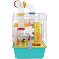PawHut Gabbia per Criceti con Ruota, Casetta, Ciotola, Rampe e Serbatoio, in Acciaio, PS e PP, 45x28x37 cm, Bianco e Azzurro(m-9)