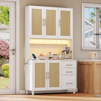 Móvel de cozinha com acabamento em rattan trançado e puxadores metálicos dourados, luzes LED decorativas, 100x40x183 cm, Branco(m-5)
