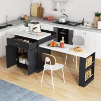 Ilha de cozinha com mesa de jantar extensível, armário de arrumação, 2 gavetas, 2 prateleiras laterais abertas, 211x55x89,5 cm, Preto(m-2)