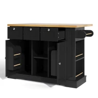 Ilha de cozinha móvel com tampo dobrável, três gavetas e dois compartimentos de armário, 132x40/70x87 cm, Preto(m-1)