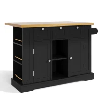 Ilha de cozinha móvel com tampo dobrável, três gavetas e dois compartimentos de armário, 132x40/70x87 cm, Preto(m-8)