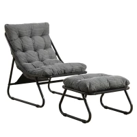 Outdoor-Lounge-Sessel mit Hocker, Polsterkissen, Sling-Gewebe, Stahlrahmen, Grau(m-1)
