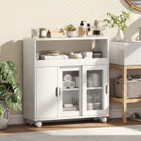 HOMCOM Mobile per Bagno a Rotelle in Legno con Spazio Aperto, Ripiani Regolabili e Ante in Vetro, 71x20x70 cm, Bianco(m-10)