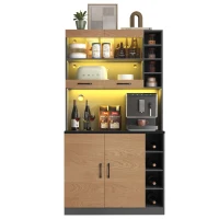 Highboard de cozinha, compartimento de vidro reforçado e iluminação ambiente LED, prateleiras laterais reguláveis em altura100x47x187 cm, Cor natural(m-12)