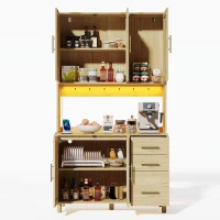 Móvel de cozinha com acabamento em rattan trançado e puxadores metálicos dourados, luzes LED decorativas, 100x40x183 cm, Cor natural(m-9)